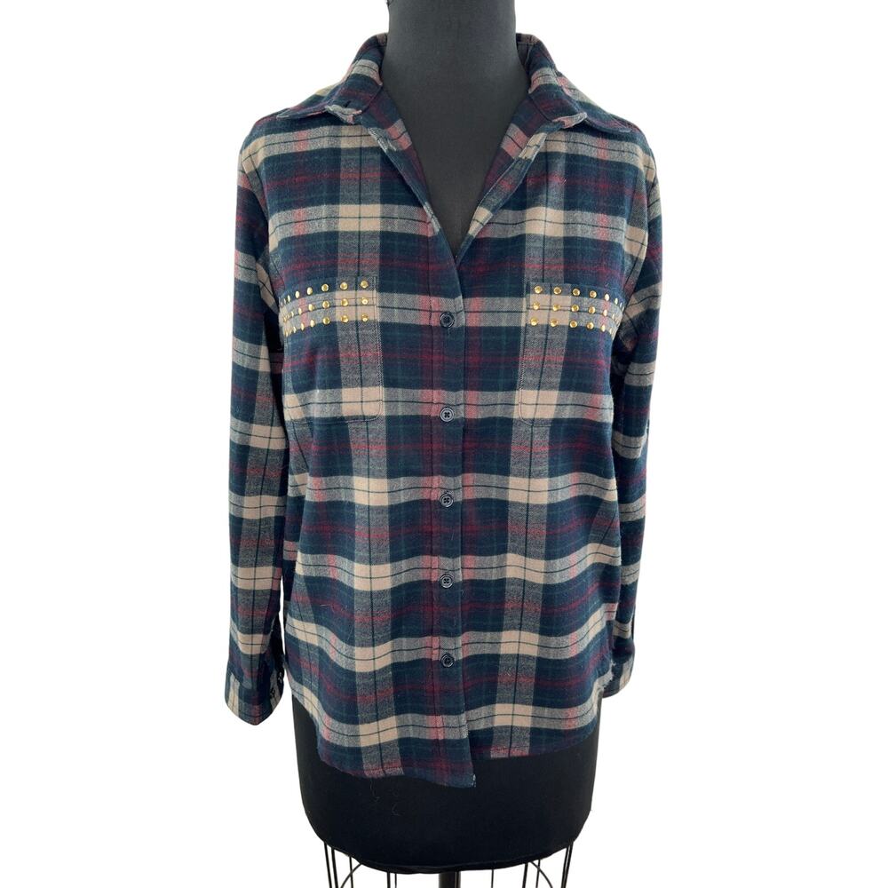 Lovers + Friends Blue Plaid Long Sleeve Button-Down Embellished Shirt Size XS